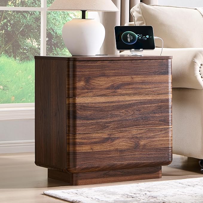 JXQTLINGMU 22" Modern Nightstand with Charging Station, Large Push-to-Open End Table, Wood Bedside Table w/Curved Profile Design, Handleless 3 Drawer Night Stand for Bedroom, Living Room, Brown-Ruum Studio Home
