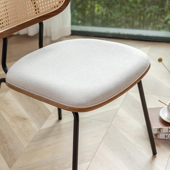 Rattan Dining Chairs Set of 2, Mid Century Modern Dining Chairs with Cane Back for Kitchen Dining Room, 19 Inch Fabric Beige-Ruum Studio Home