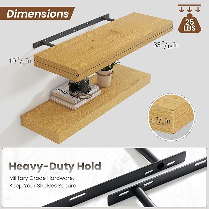 Heimlove 36 Inch Floating Shelves for Wall,10 Inch Deep Wood Shelves with Invisible Brackets,Wall Mounted Storage & Display Shelves for Bedroom,Living Room,Kitchen,Office,Oak Color-Ruum Studio Home