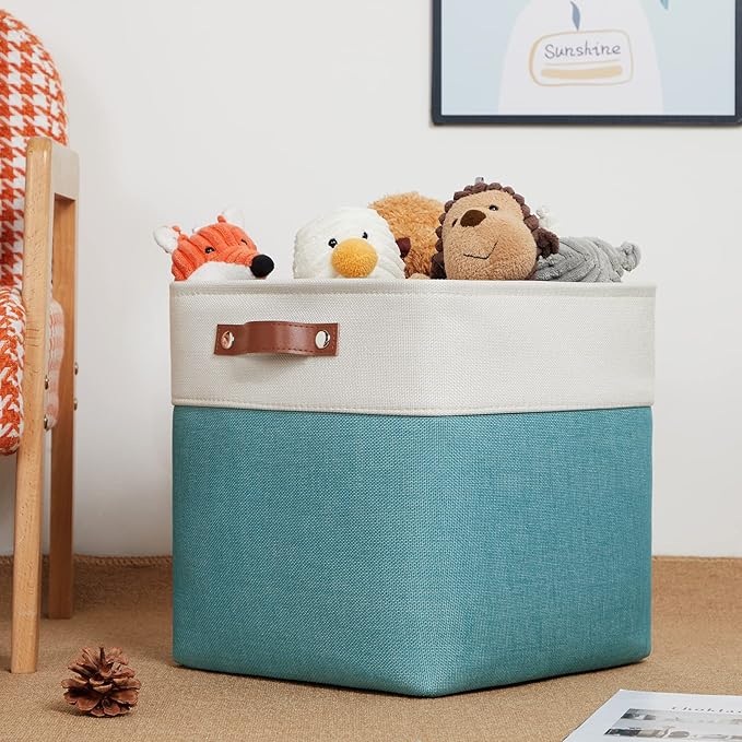 DULLEMELO Square Storage Cubes Baskets for Gifts Empty, 12 inch Cube Stroage Bins Linen Closet Organizers and Storage Baskets for Toy Nursery Shelves Bedroom Storage(4 Pack - 12" White&Teal)-Ruum Studio Home