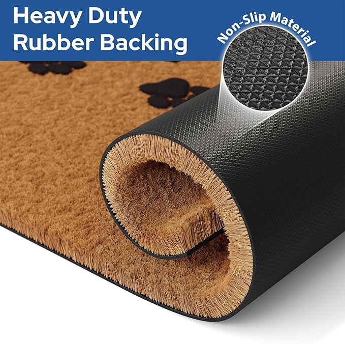 Barnyard Designs Natural Coco Coir Heavy Duty Backing Doormat - Large Cute Non-Slip Front Door Welcome Mat for Outside Entrance or Porch Entry, Brown (30x48, Paws)-Ruum Studio Home