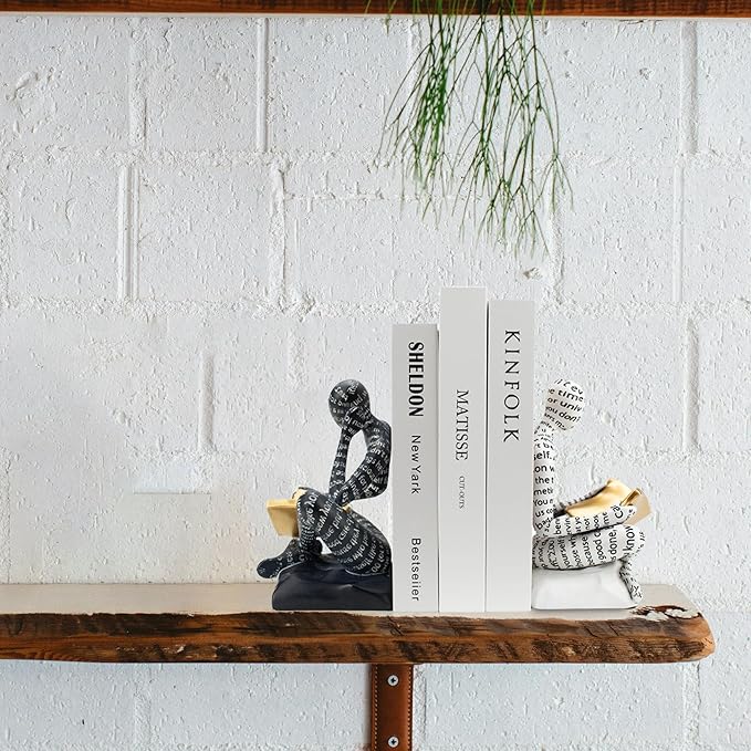 Heavy Duty Book Ends for Shelves, Thinker Decorative Bookends for Heavy Books, Unique Book Stoppers to Hold Book, Bookshelf Accessories, Modern Home Office Decor Aesthetic Black & White-Ruum Studio Home