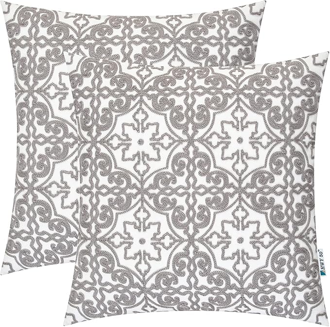 HWY 50 Grey Gray Decorative Throw Pillow Covers 18x18 Inch, Pack of 2 Embroidered Cotton Farmhouse Cushion Cover Pillow Case for Sofa Couch Living Room Bed Bedroon, Modern Pattern-Ruum Studio Home