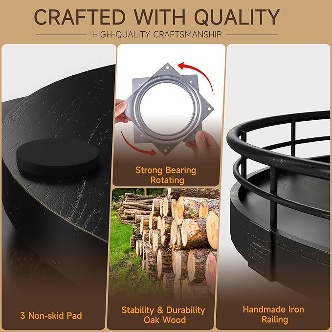 9" Oak Bathroom Vanity Tray Turntable for Perfume Candle, Round Wooden Decorative Tray for Kitchen Sink Countertop Organizer, Bathroom Counter Organizer for Skincare Makeup, Farmhouse Black Gold-Ruum Studio Home