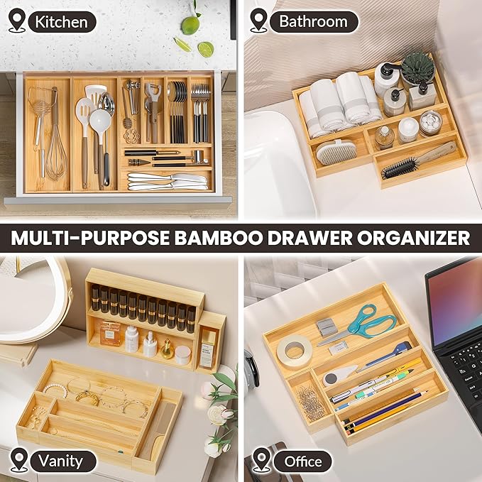 Kitchen Drawer Organizer Bins, Stackable Bamboo Drawer Organizer for Silverware, Flatware, Coffee Pod Organizer K Cup Holder for Countertop, 2 Pcs Coffee Station Organizer 12" x 6" x 2.5"-Ruum Studio Home