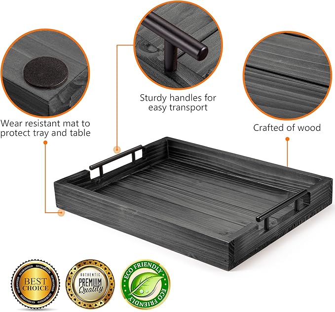 Dark Grey Coffee Table Decorative Serving Tray with Handles & 4 Coasters - 17x13 Inch Wood Tray for Ottoman, Breakfast, Wooden Tray-Ruum Studio Home