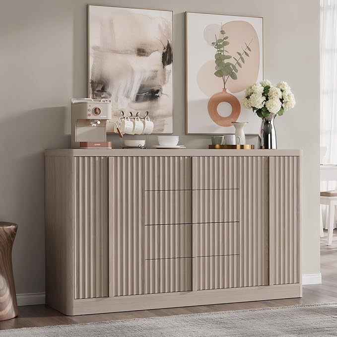 Buffet Cabinet with Storage, 60" Fluted Coffee Bar Cabinet with 4 Drawers & 2 Doors, Solid Wood Handle, Credenza Accent Storage Cabinet for Kitchen Living Dining Room, Natural Oak(1PCS)-Ruum Studio Home