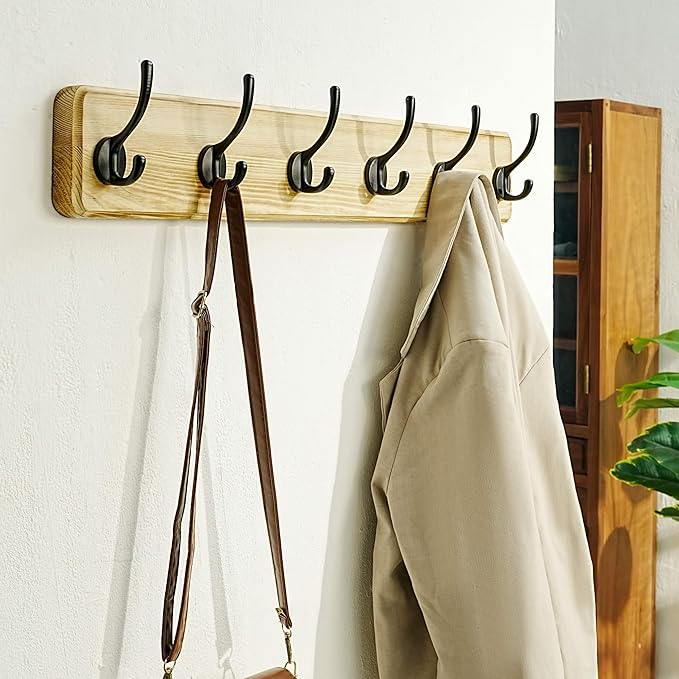 Dseap Coat Rack Wall: 24" Long, Patented, Heavy-Duty, 6-Double-Hooks Wooden Wall Mounted Coat Rack Coat Hanger Hook Rail for Winter Coats Hat Jacket Clothing, Light Brown, Pack of 2-Ruum Studio Home