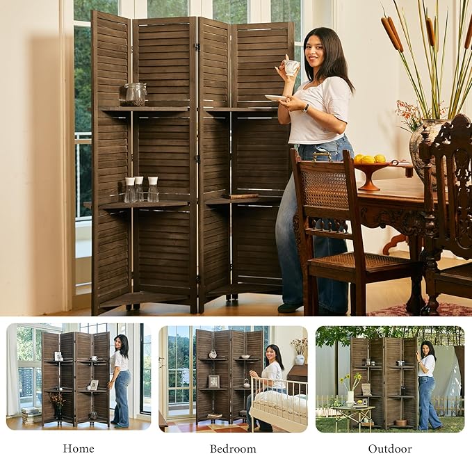 Partition Room Dividers, 67 * 51inch Folding Wood Privacy Screen with Three Display Shelves Suitable for Home Office, Study, Art Display - 4 Panel (Brown)-Ruum Studio Home