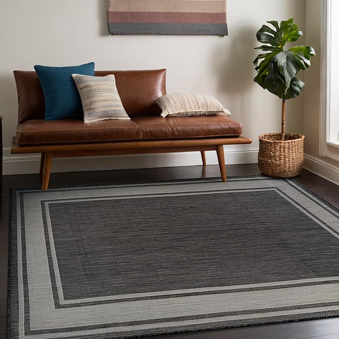 Beverly Rug Outdoor Rug 8x10 Modern Bordered Area Rugs for Indoor and Outdoor Patio Deck Porch Garden Waterproof Weather Sun Resistant Washable Outside Carpet (8 x 10 Dark Gray)-Ruum Studio Home