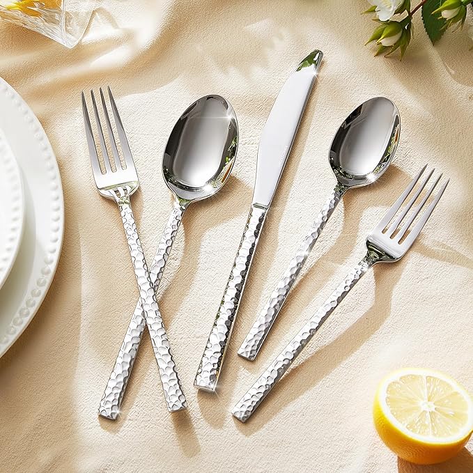 KINGSTONE 20 Piece Hammered Silverware Set, 18/10 Stainless Steel Flatware Set for 4, Cutlery Set for Home, Party, Wedding, Mirror Polished Dishwasher Safe-Ruum Studio Home