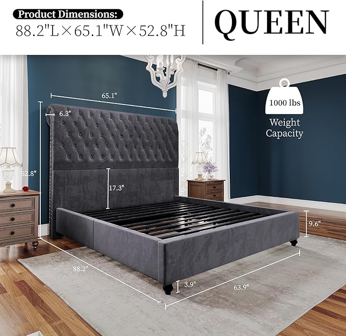 PaPaJet Bed Frame Queen Size Upholstered Platform Bed with 52.8'' Tall Sleigh Headboard, Button Tufted, No Box Spring Needed, Easy Assembly, Dark Grey-Ruum Studio Home