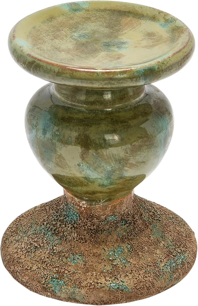 Creative Co-Op 2-Tone Sculptural Terracotta Pillar Candle Holder, Distressed Green-Ruum Studio Home