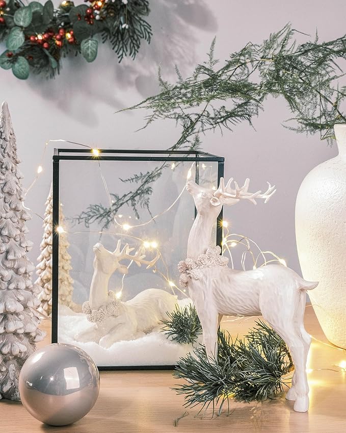 DN DECONATION 2pcs White Christmas Reindeer Statue, Indoor Reindeer Decor, Tabletop Resin Deer Figurine-Ruum Studio Home