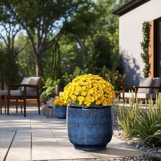 LuxenHome 12" Dia Large Ceramic Pots for Plants, Ocean Blue Glazed Planters for Outdoor Plants, Round Indoor Flower Pots with Drainage Hole and Rubber Plug for Home Garden Patio-Ruum Studio Home