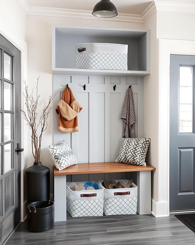 DECOMOMO White Storage Bins Fabric Storage Baskets for Shelves, Linen Closet Organization Toys Nursery (White Check, Large - 3 Pack)-Ruum Studio Home
