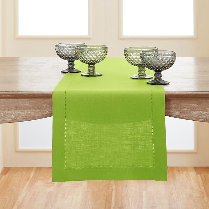 Solino Home Linen Table Runner 120 Inches Long - 100% Pure Linen Lime Green Table Runner 14 x 120 Inch - Classic Hemstitch-Ruum Studio Home