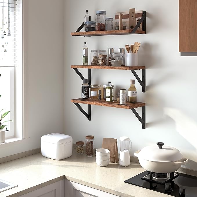 Heimlove Floating Shelves for Wall, 16 Inch Long Wood Floating Shelves Set of 3, Wall Mounted Hanging Shelf for Bathroom Bedroom Kitchen, Rustic Brown-Ruum Studio Home