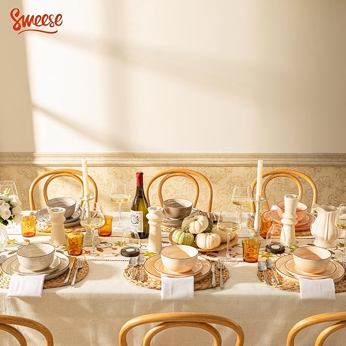Sweese Plates and Bowls Sets, 18 Piece Dinnerware Set Porcelain Round Dinner Set for 6, Scratch Resistant Dishes Set, Dishwasher and Oven Microwave Safe Handpainted Swirl Dishware Sets, Neutral-Ruum Studio Home