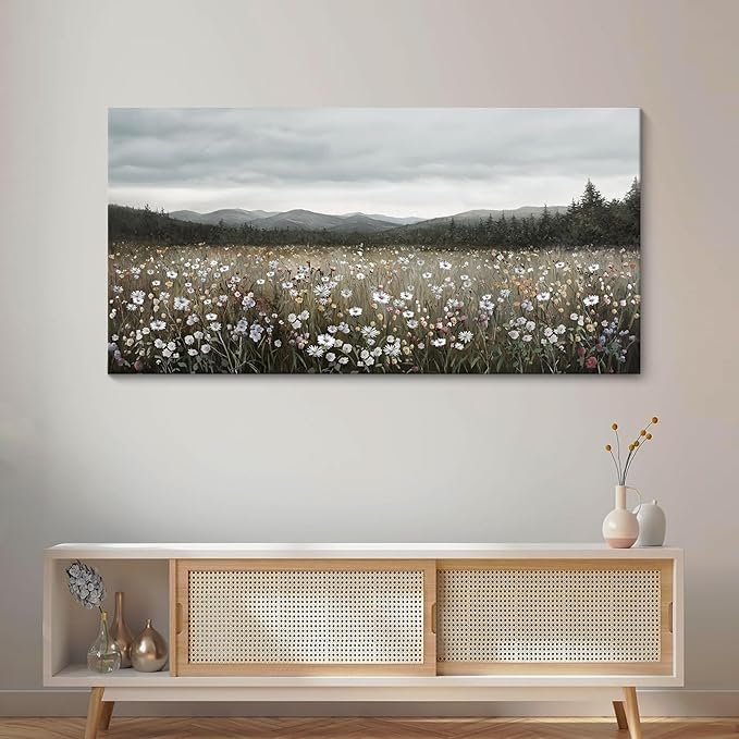 HGUAOA Vintage Landscape Wall Art for Bedroom and Living Room - Large Floral Artworks Farmhouse Wall Decor - Framed Neutral Nature Pictures - Above Bed Decor with Mountain Scenery 24×48IN-Ruum Studio Home