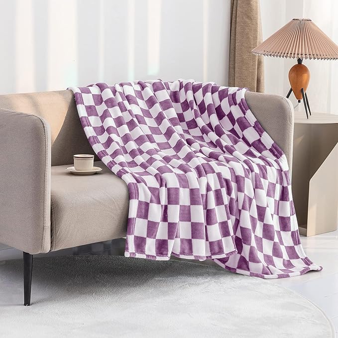 LOMAO Throw Blankets Flannel Blanket with Checkerboard Grid Pattern Soft Throw Blanket for Couch, Bed, Sofa Luxurious Warm and Cozy for All Seasons (Purple, 60"x80")-Ruum Studio Home