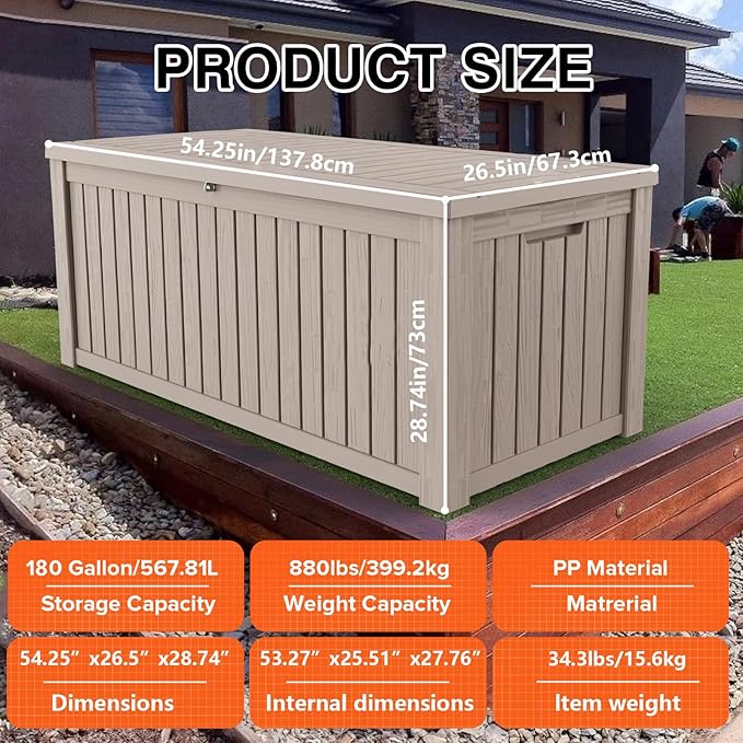 180 Gallon Lockable Resin Deck Box, Waterproof & UV-Resistant Outdoor Storage Box for Outdoor Cushion Storage, Garden Tools & Pool Accessories Storage, Gray-Ruum Studio Home