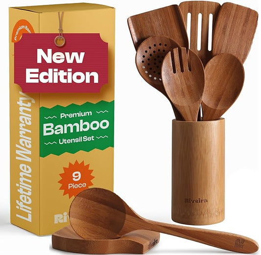 Riveira Natural Bamboo Wooden Cooking Utensils Set of 9 Premium Quality Non-Toxic Wooden Spoons and Spatulas for Cooking-Ruum Studio Home