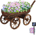 Garden Wooden Decor Rustic Flower Pot,Planters Wagon Indoor Outdoor Backyard Balcony Decor,for Outside Garden Decor Wheelbarrow Planter for Patio (Wooden Wagon with Light)-Ruum Studio Home