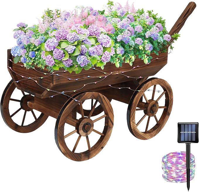Garden Wooden Decor Rustic Flower Pot,Planters Wagon Indoor Outdoor Backyard Balcony Decor,for Outside Garden Decor Wheelbarrow Planter for Patio (Wooden Wagon with Light)-Ruum Studio Home
