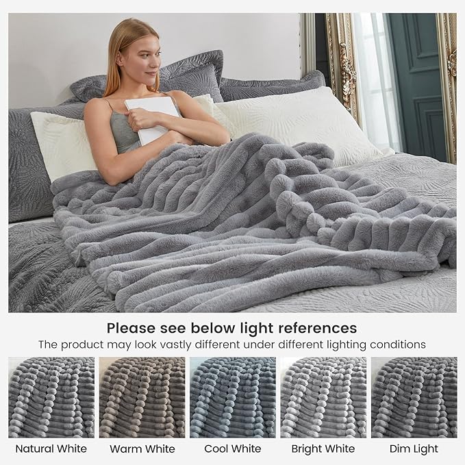 Cozy Bliss Faux Fur Throw Blanket for Couch, Cozy Warm Plush Striped Blanket for Sofa Bedroom Living Room,60 * 80 Inches Grey-Ruum Studio Home