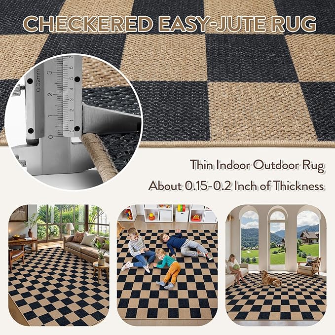 Lahome Checkered Easy Jute Rug, 9x12 Area Rug for Living Room Indoor Outdoor Carpet, Farmhouse Neutral Non Slip Non Shedding Stain Resistance Floor Carpet for Patio Dining Room Backyard-Ruum Studio Home