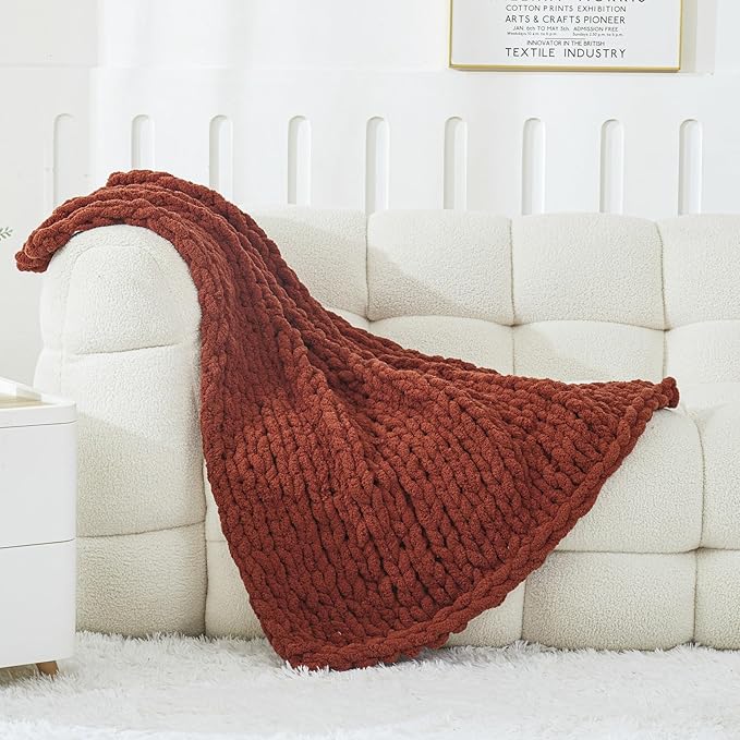 WESHIONGOO Chunky Knit Blanket Throw 40"*40“ Knitted Throw Blankets for Couch Bed Fluffy Soft Blanket with Jumbo Chenille Yarn Thick 100% Handmade(Ｒｕｓｔ)-Ruum Studio Home
