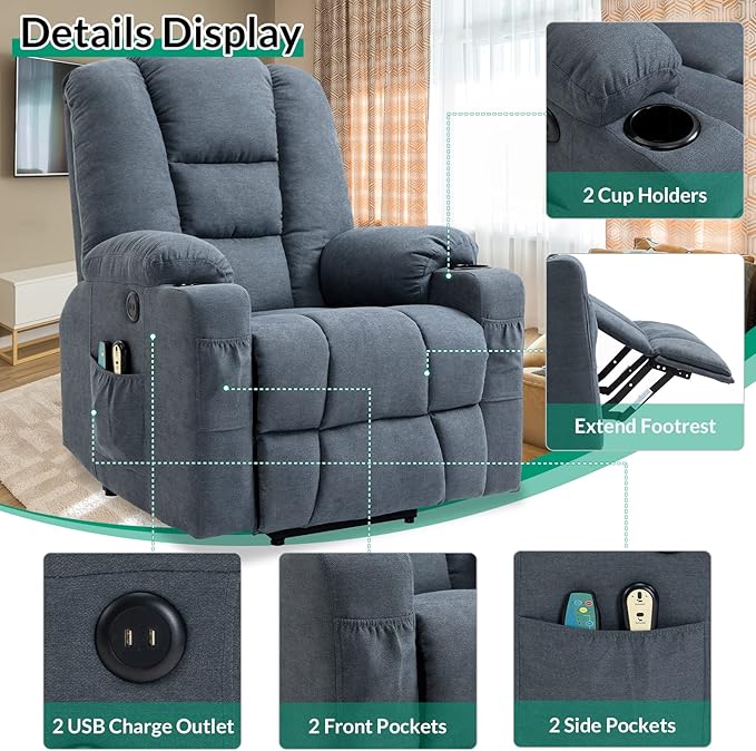 VIVIJASON Power Lift Chair Electric Recliner for Elderly Heated Vibration Massage Soft Fabric Recliner Chair with 2 Remote Controls, USB Ports, Side Pockets & Cup Holders for Living Room (Blue)-Ruum Studio Home