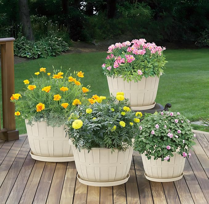 Quarut 14 Inch Plastic-Flower-Pot-for-Indoor-Plants, 4 Pack Large Outdoor Planter Pot with Drainage Holes & Saucers, Resin Decorative Garden Pots Planters（White）-Ruum Studio Home