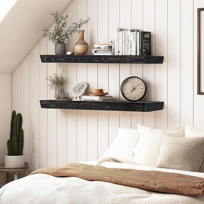 36"x6.8"x1.6" Slanted Floating Wall Shelves 2-Pack - Rustic Black Finish, Heavy-Duty Solid Wood Design with Hidden Brackets - Perfect for Living Room, Kitchen, Bathroom, or Office-Ruum Studio Home