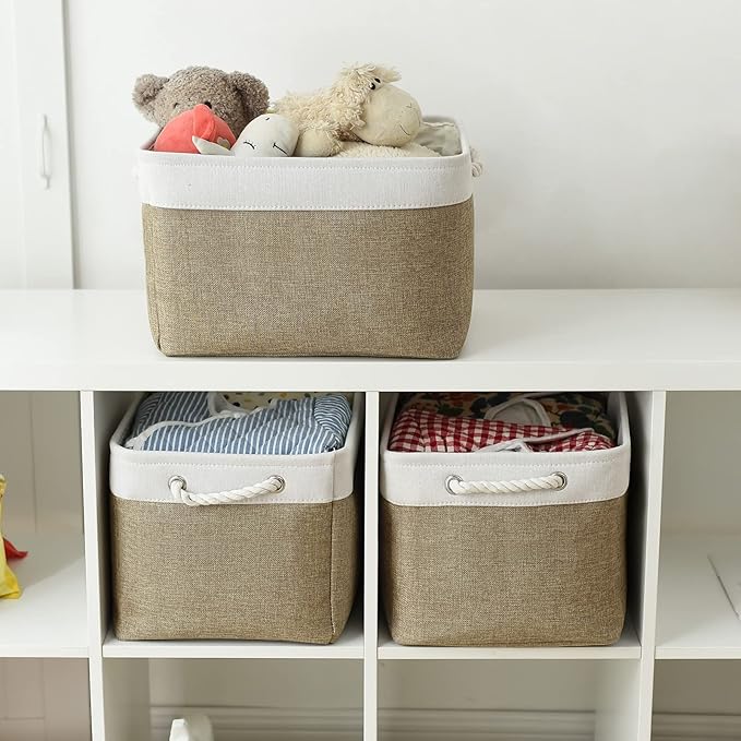 TheWarmHome Organization and Storage Basket for Gifts Empty - 16x12x12 inch Cube Storage bin 3 Pack Fabric Storage Cubes, Collapsible Baskets for Organizer Closet Cloth Gift Toy (White & Khaki)-Ruum Studio Home