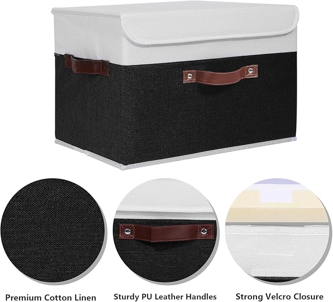 ANMINY 2PCS Storage Boxes with Lid Washable Decorative Storage Bins Basket with PU Leather Handle Foldable Linen Fabric Storage Cubes Containers for Home Closet Organizer - Black White, Large Size-Ruum Studio Home