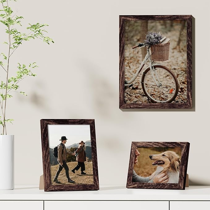 Vittanly 9x12 Picture Frames Set of 9, Shatter Resistant Plexiglass, Display 6x8 Pictures with Mat or 9x12 without Mat, Photo Frames for Wall or Tabletop, Engineered Wood, Brown-Ruum Studio Home