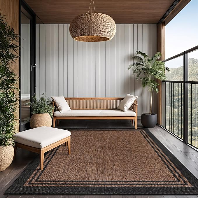 Bordered Outdoor Rug 6x9 Washable Outside Carpet for Indoor Patio Porch Waterproof Easy Cleaning Non Shedding Area Rugs Nut Brown 6 x 9-Ruum Studio Home