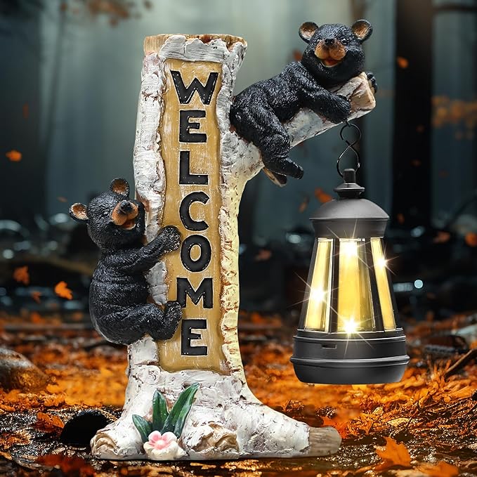 Json Garden Bear Statue with Solar LED Lantern, Gifts for Mom Yard Art, Whimsical Figurine Large Sculpture Lighted Outdoor Mother's Day Spring Decorations for Lawn, Porch-Ruum Studio Home