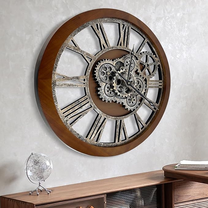 HOIBAI Clocks for Living Room Decor, Large Wall Clock 24 in (60cm) Clocks Wall Decor, Moving Gear Wall Clock, Farmhouse Vintage Industrial Oversized-Ruum Studio Home