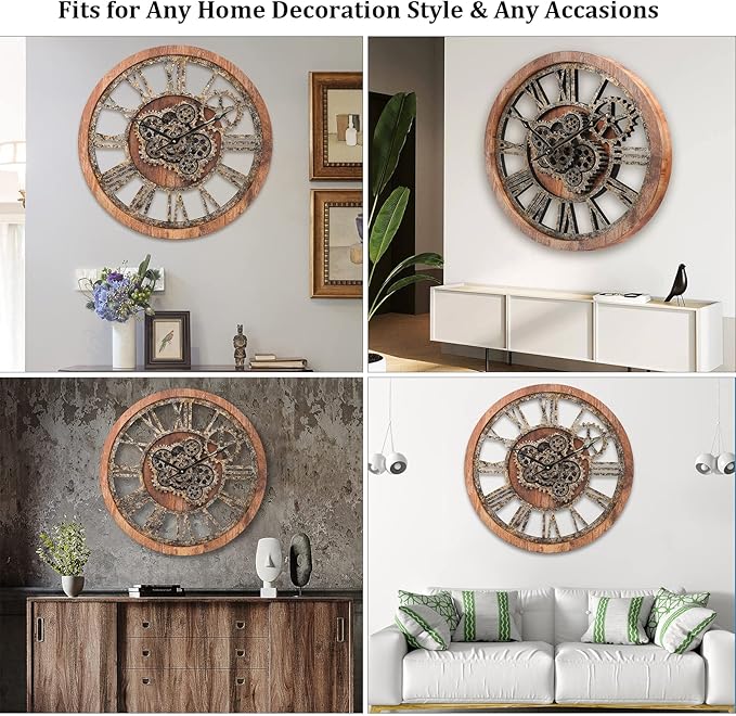 HOIBAI Large Wall Clock 24 Inch Large Clocks for Living Room Decor with Moving Gears Vintage Industrial Steampunk Farmhouse Big Clock for Home Kitchen Bedroom Office-Ruum Studio Home