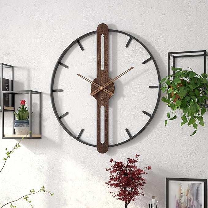 Modern Walnut Dial Wall Clock, Wood Large Wall Clock Decor Metal Frame Silent Non Ticking for Living Room, Bedroom, Kitchen, Study Decoration, Handmade Home Present Idea, 20 in （50 cm）-Ruum Studio Home