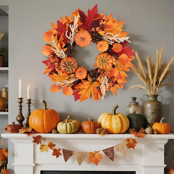 20 Inch Thanksgiving Fall Wreath, Berries Pumpkins Maple Leaves Pine Cones Autumn Wreaths with Hook for Front Door, Fall Decor, Porch Wall Home Outdoor Holiday Decorations Wreath for Autumn-Ruum Studio Home