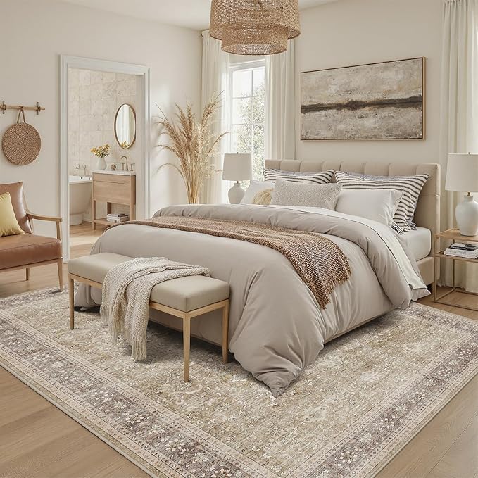 DCX Machine Washable Brown and Beige Area Rug 5x7, Non Slip Stain Resistant Vintage Rug for Living Room Diningroom Bedroom Nursery, Soft Low Pile Large Carpet-Ruum Studio Home