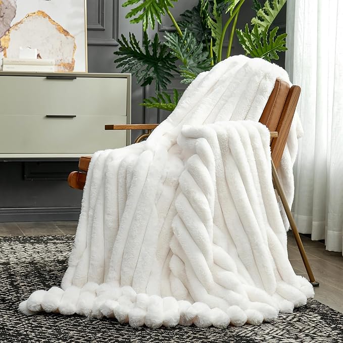 Cozy Bliss Faux Fur Throw Blanket for Couch, Cozy Warm Plush Striped Blanket for Sofa Bedroom Living Room, 60 * 80 Inches Cream White-Ruum Studio Home