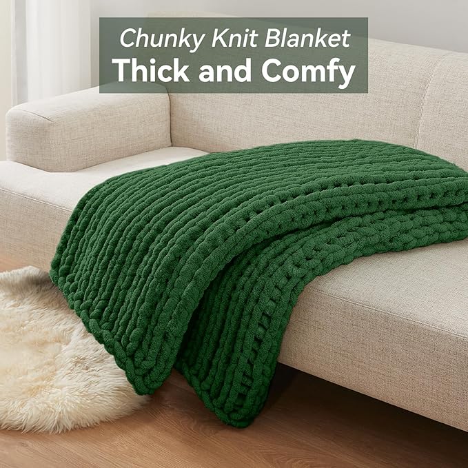 Chunky Knit Throw Blanket, 30''*40'' Knitted Throw Chenille Yarn for Bed Couch, Handmade Grass Green Crochet Big Thick Blanket, Machine Washable Cute Comfy Blanket for Home Decor-Ruum Studio Home