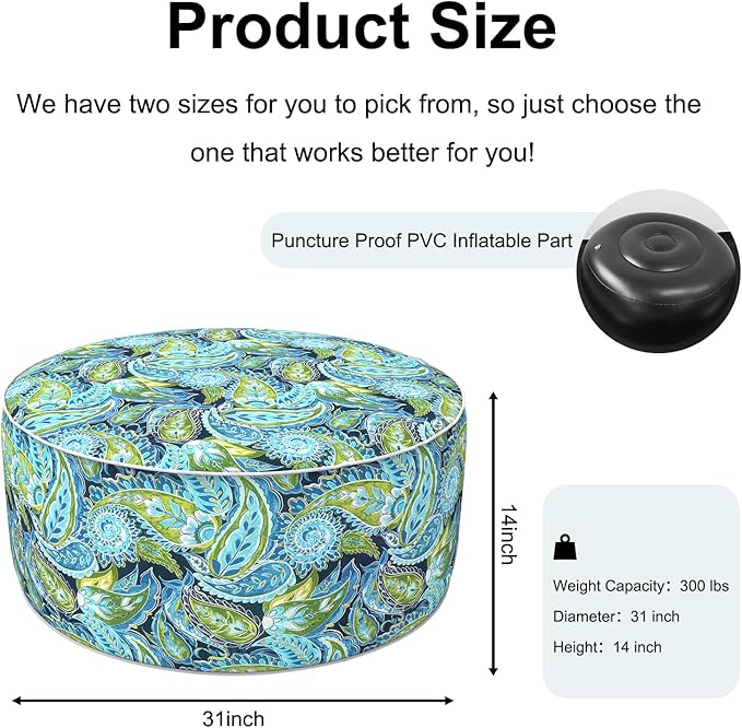 Inflatable Ottoman Stool D31 xH14 for Outdoor/Indoor Use, Water Repellent Patio Foot Rest with Portable Handle,Round Pouf Ottoman Suitable for Garden,Deck and Camping - Paisley Lapis Green-Ruum Studio Home