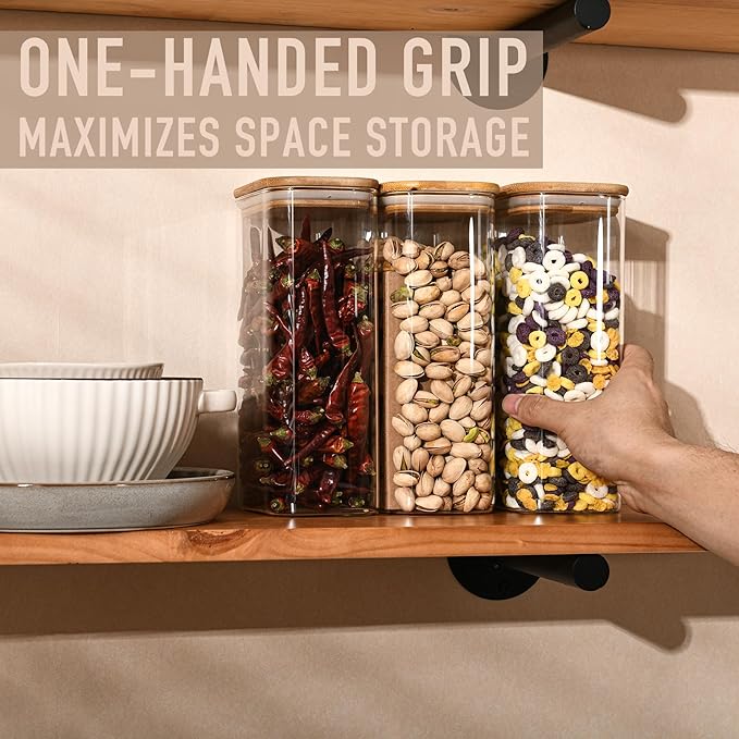 56oz Rectangle Airtight Glass Storage Containers with Bamboo Lids (Set of 3), Square Food Storage Jar, Pantry Organizers for Oats, Cereal, Pasta and Coffee beans (‎with Black Lable)-Ruum Studio Home
