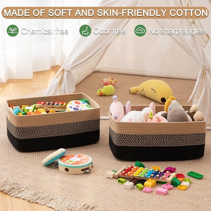 Large Storage Basket for Organizing, Woven Rope Basket for Shelves, Closet Organizer Bins for Clothes, Blanket, Toys, Baby Nursery Storage, 17.7" x 13" x 7.87", 2 Packs Black & Brown-Ruum Studio Home